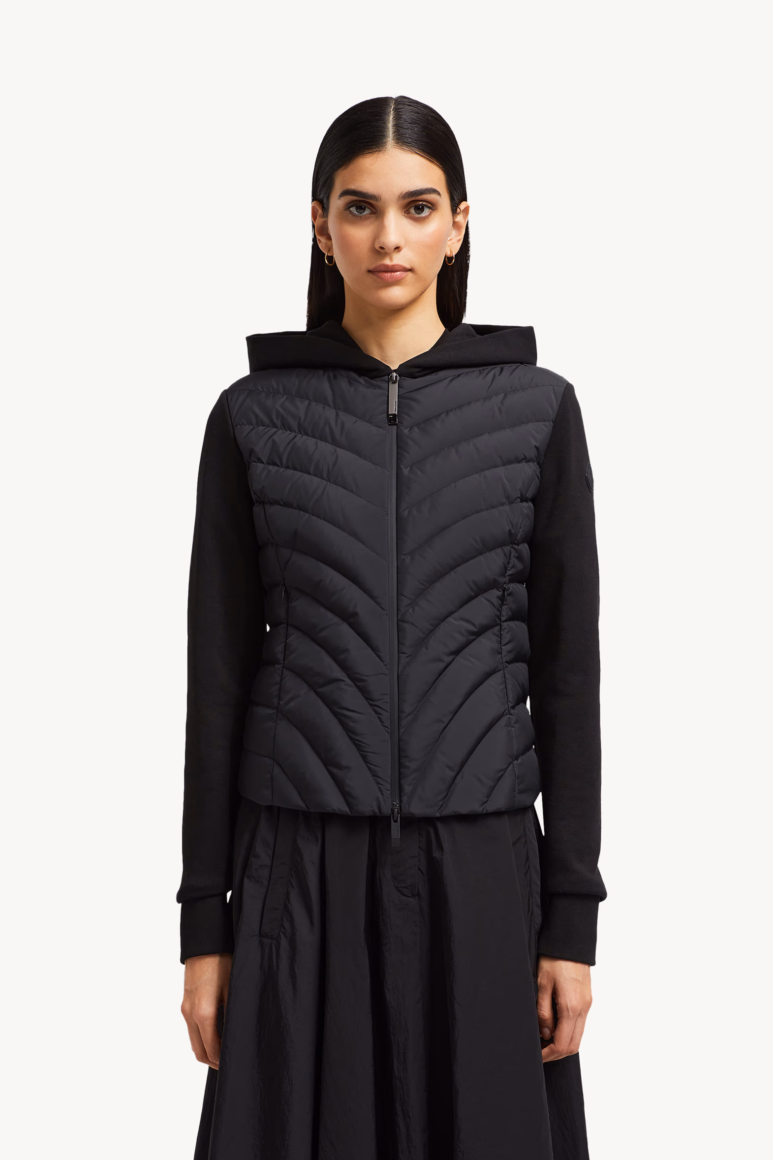 Cárdigan con capucha y cremallera de algodón con acolchado diagonal Mujer Negro Moncler 3